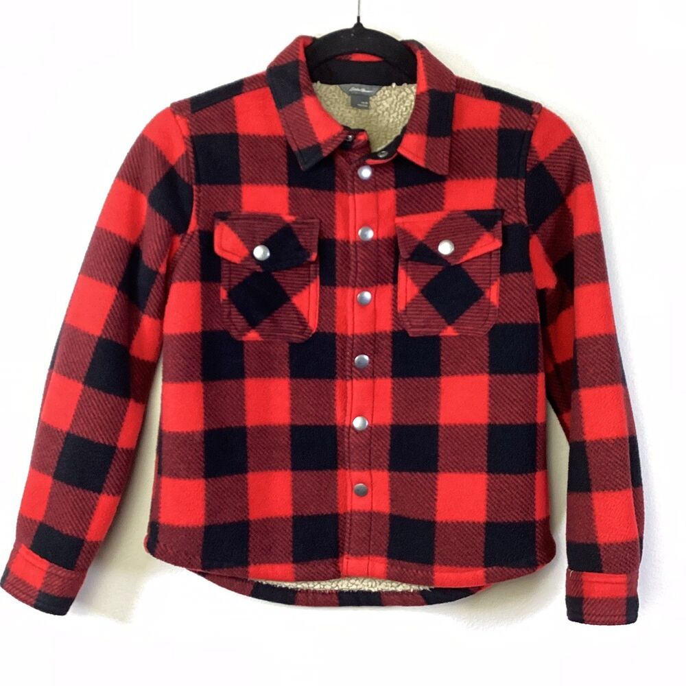 Eddie Bauer Boy’s Sherpa Lined Button Shirt Jacket Red & Black Plaid Size 8